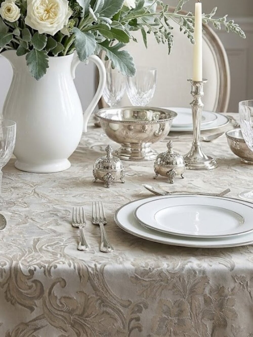 Quality Waterford Muted Sage and Silver Damask Formal Table Cloth, New Rectangle
